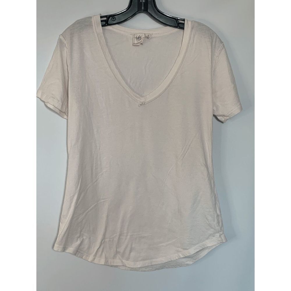White Crow Buckle V Neck Raw Edge Light Pink T Shirt Size Small